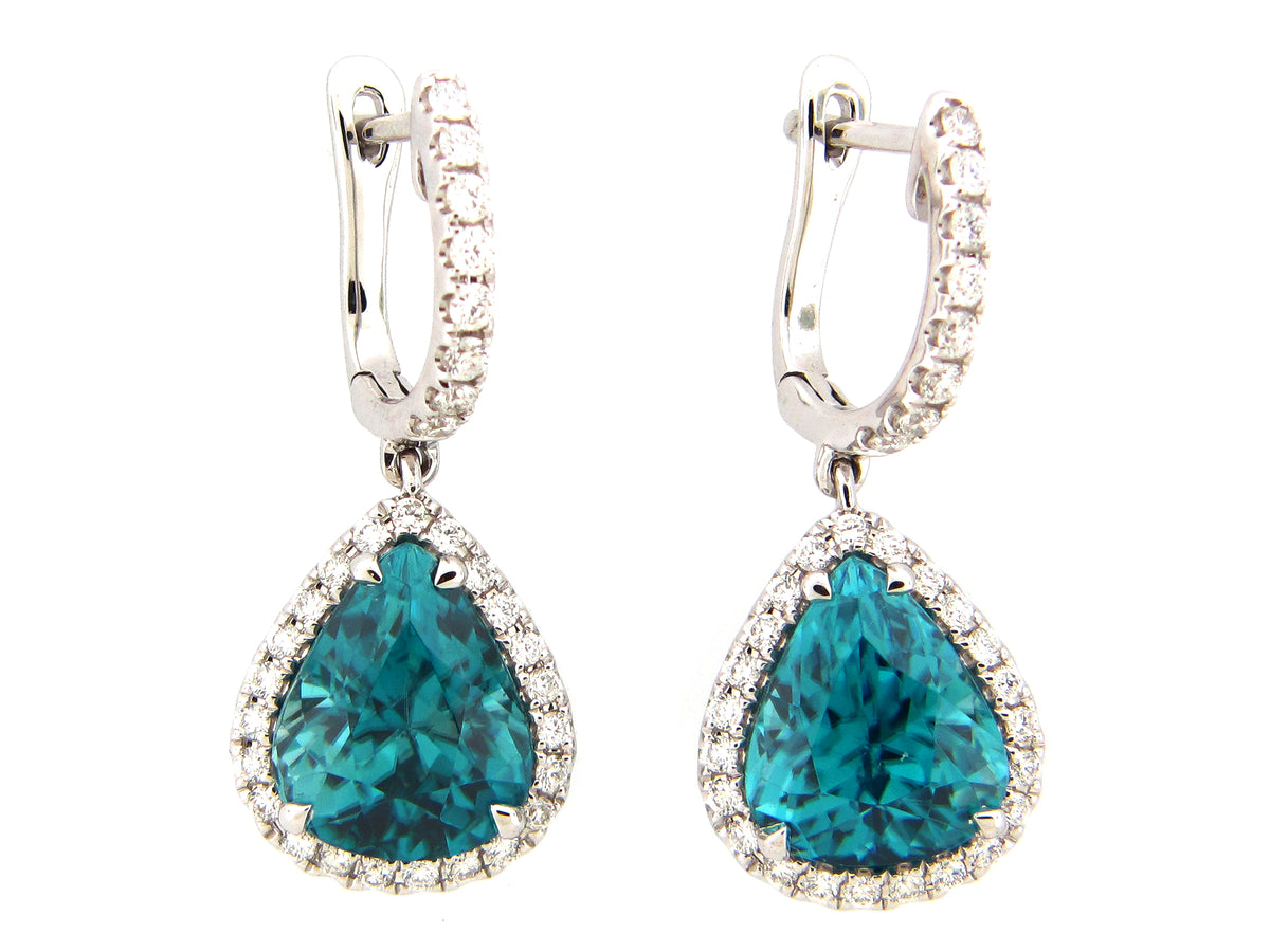 BLUE ZIRCON & DIAMOND EARRING, 18KW (H)