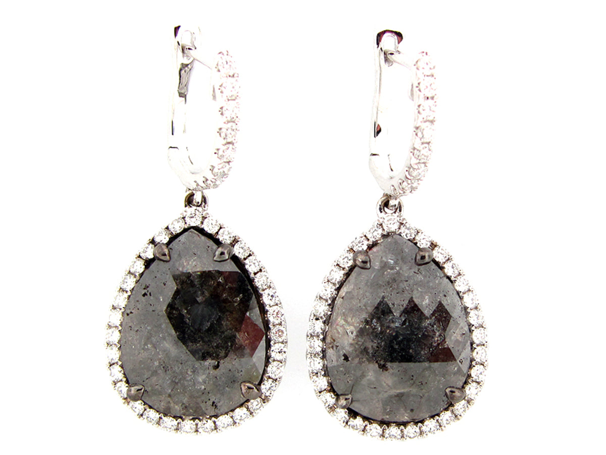 ROSE ROUGH CUT BLACK & WHITE DIAMOND EARRING, 18KW (N)