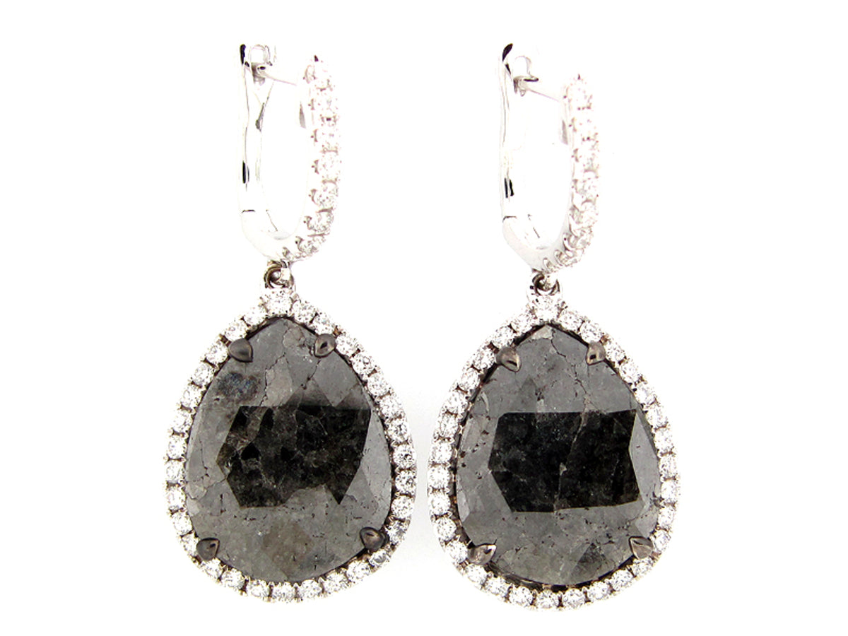 ROSE ROUGH CUT BLACK & WHITE DIAMOND EARRING, 18KW (N)