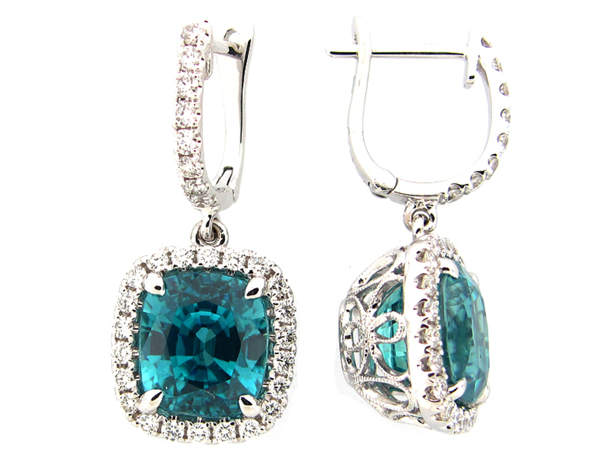 BLUE ZIRCON & DIAMOND EARRING, 18KW (H)