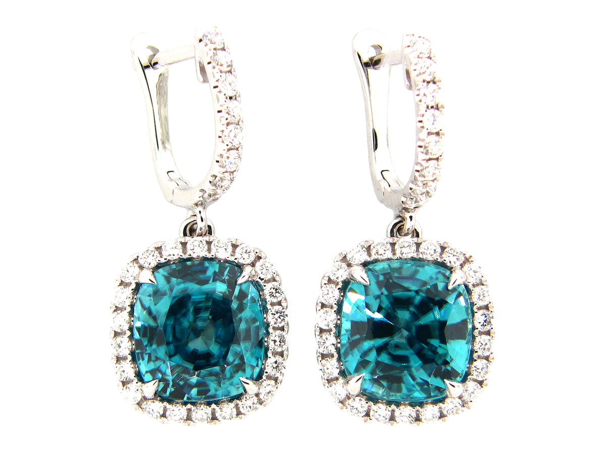 BLUE ZIRCON & DIAMOND EARRING, 18KW (H)