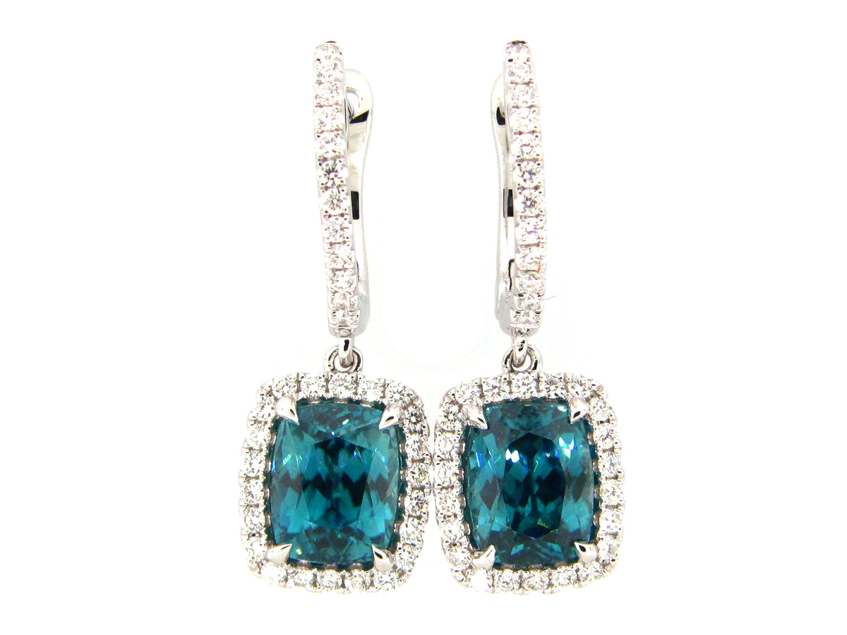 BLUE ZIRCON & DIAMOND EARRING, 18KW (H)