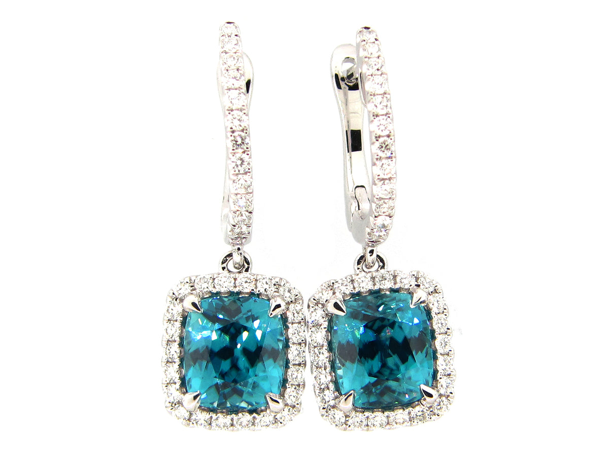 BLUE ZIRCON & DIAMOND EARRING, 18KW (H)