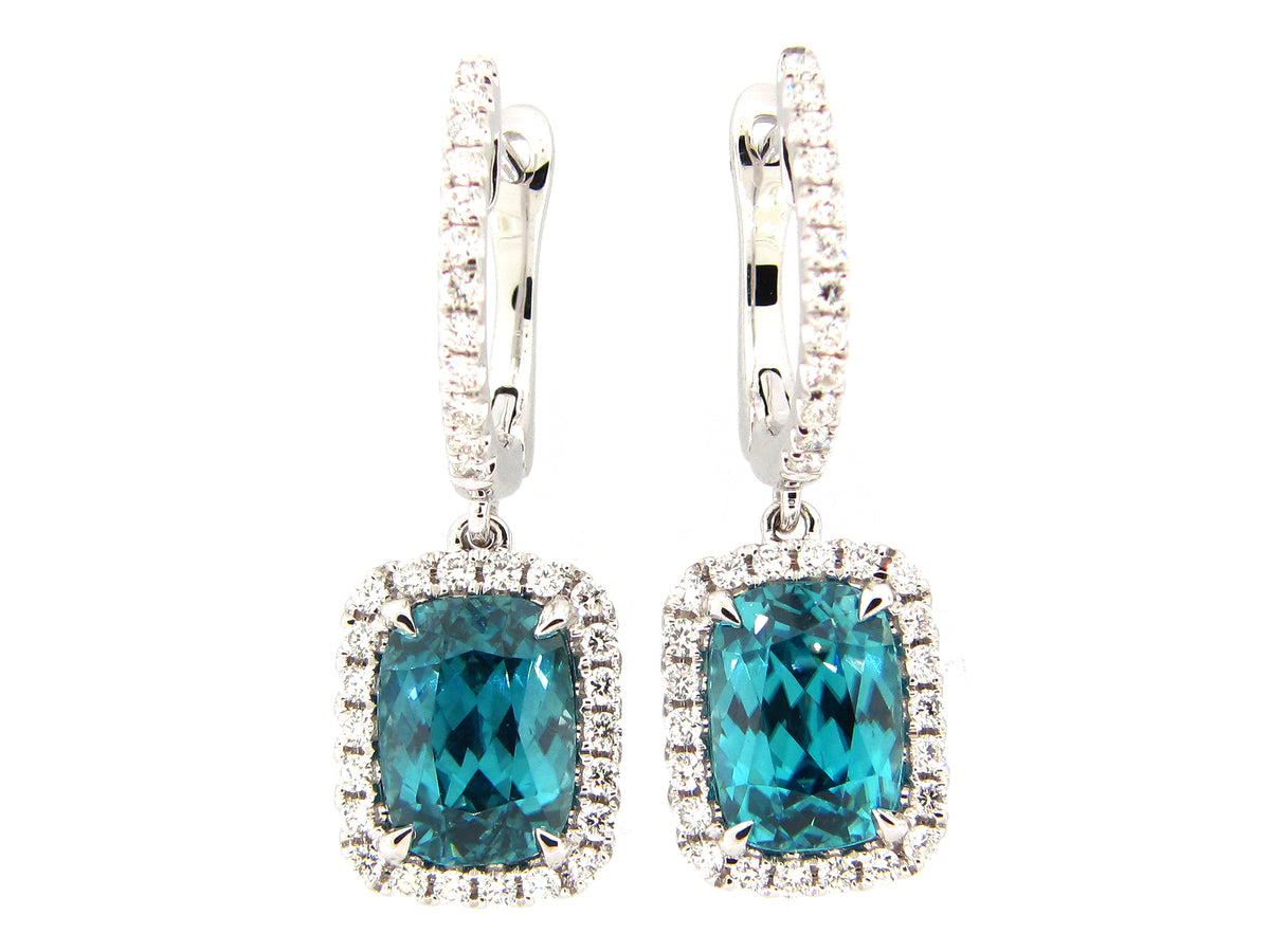 BLUE ZIRCON & DIAMOND EARRING, 18KW (H)