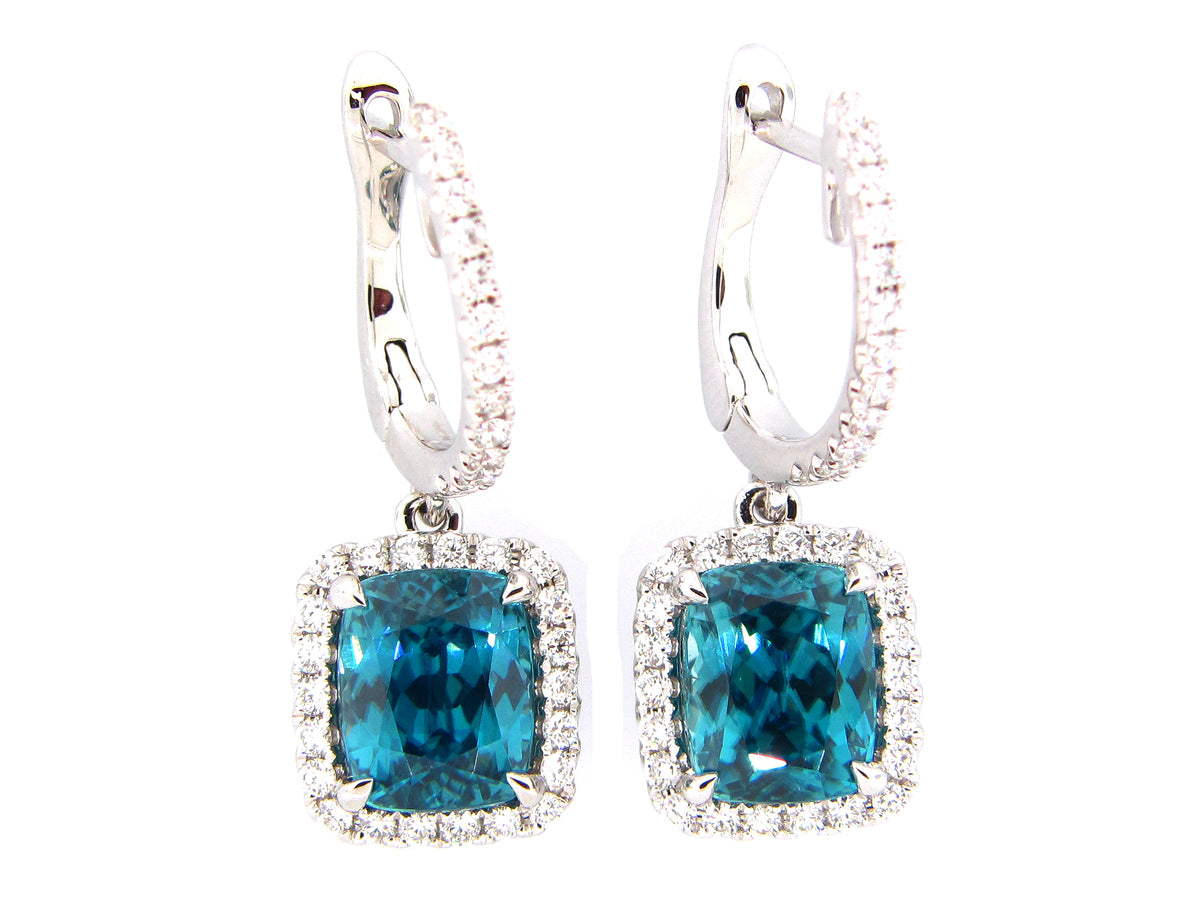 BLUE ZIRCON & DIAMOND EARRING, 18KW (H)
