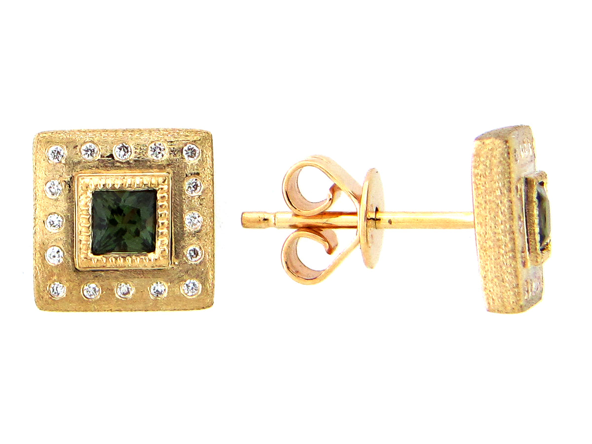 GREEN SAPPHIRE & DIAMOND SQUARE EARRING, 14KY (H)