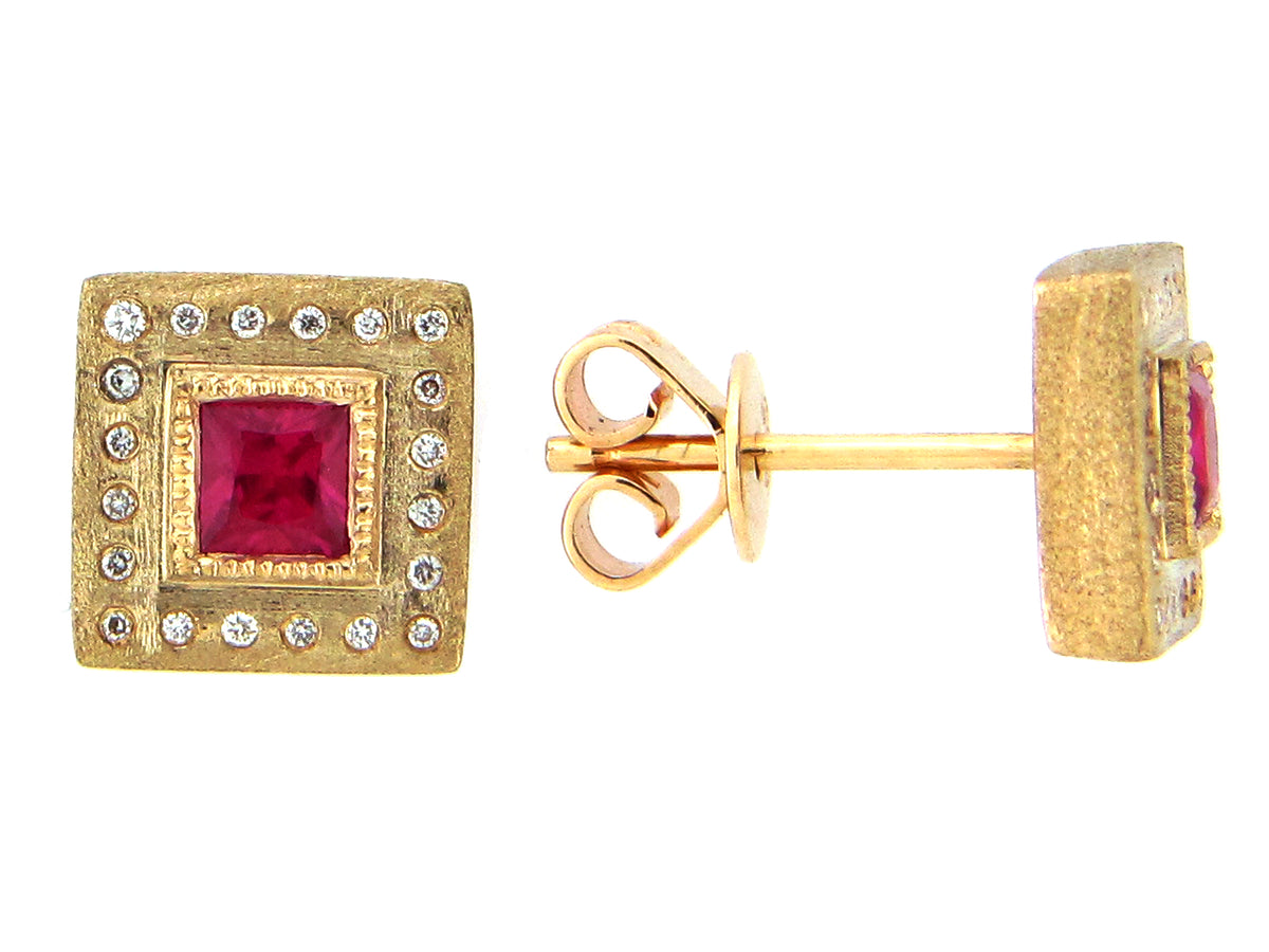 RUBY & DIAMOND SQUARE EARRING, 14KY (H)