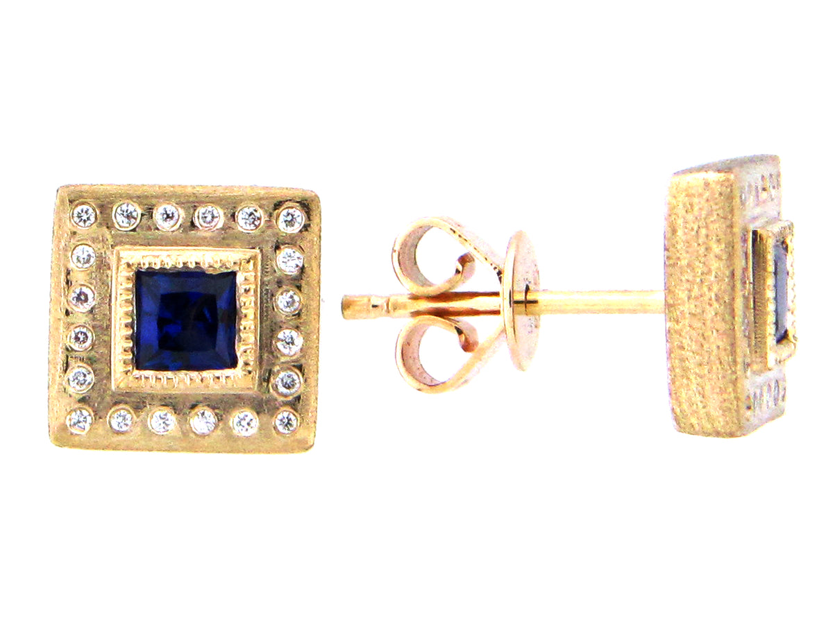 SAPPHIRE & DIAMOND SQUARE EARRING, 14KY (H)