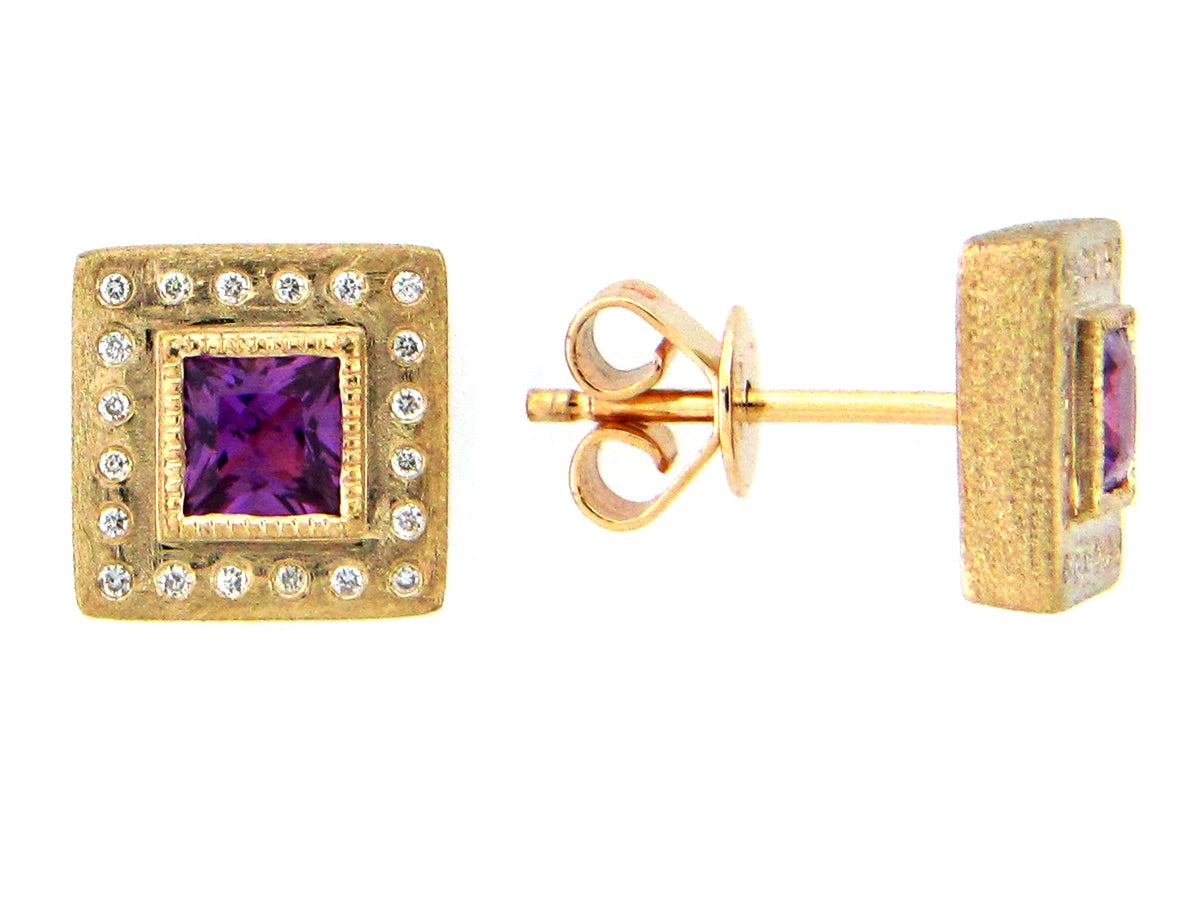 PURPLE SAPPHIRE & DIAMOND SQUARE EARRING, 14KY (H)