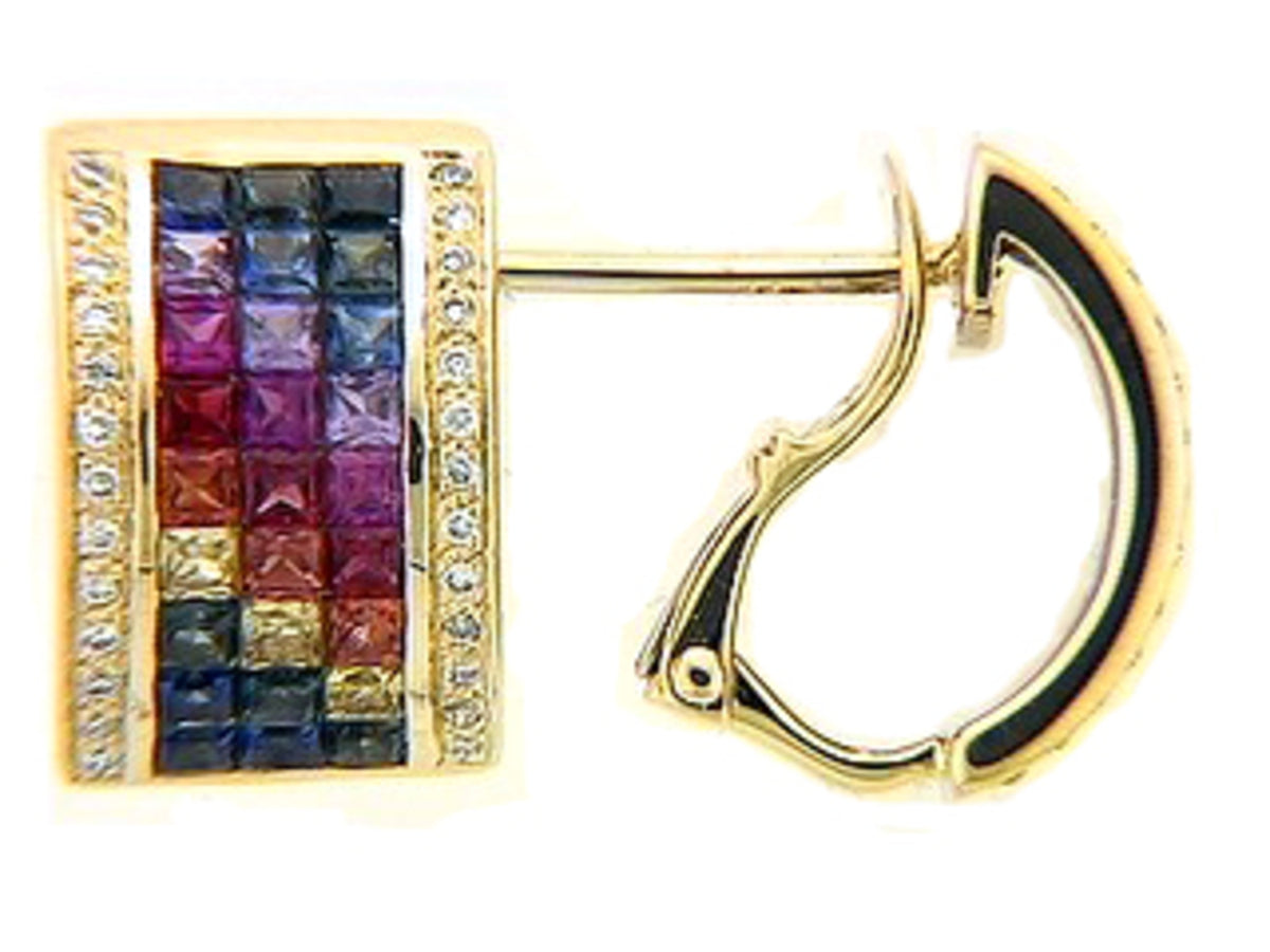 RAINBOW SAPPHIRE & DIA 3 ROW INVISIBLE SET EARRING