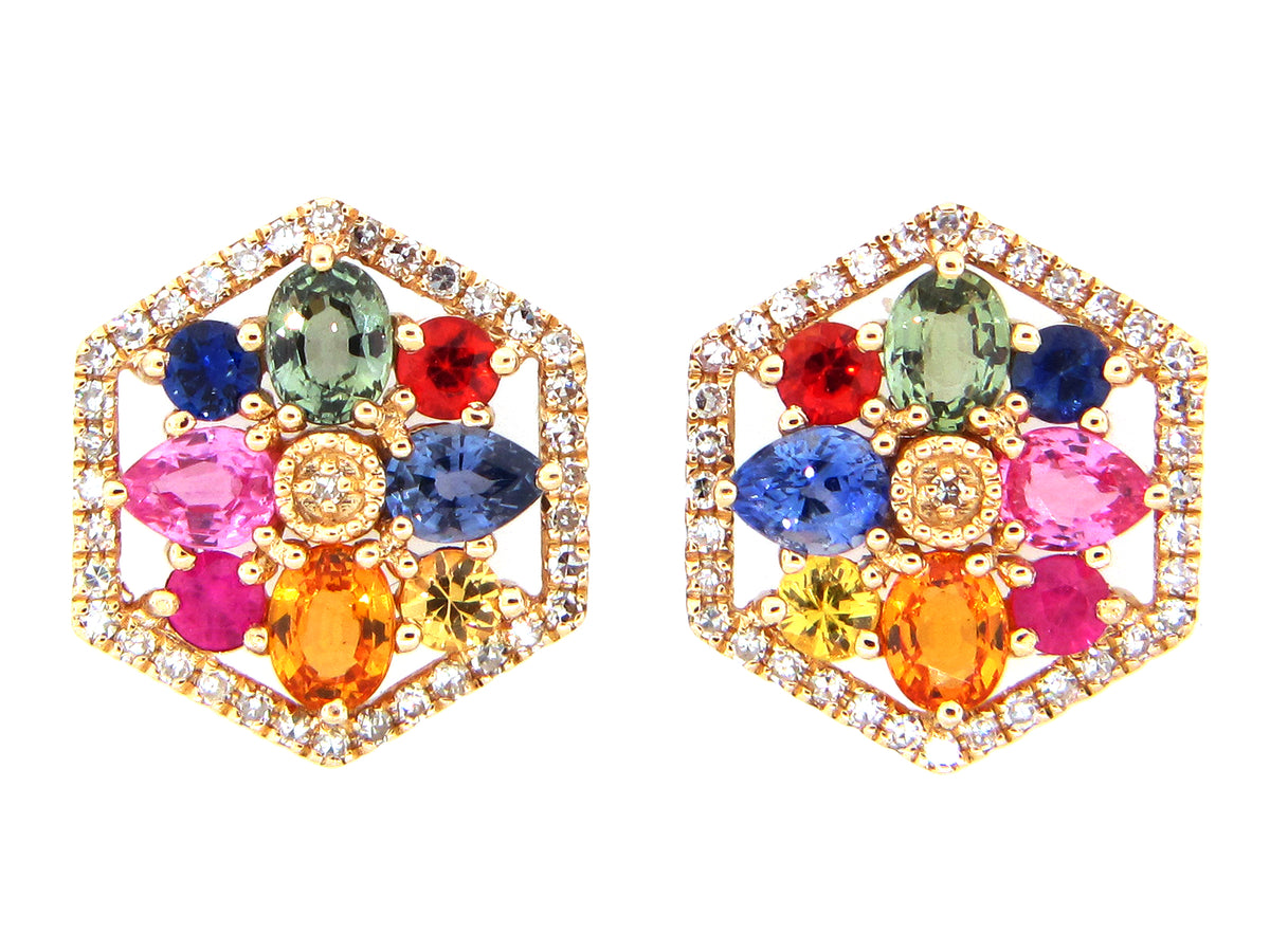 RAINBOW SAPPHIRE & DIAMOND HEXAGON STUD EARRING, 14KY (H/U)