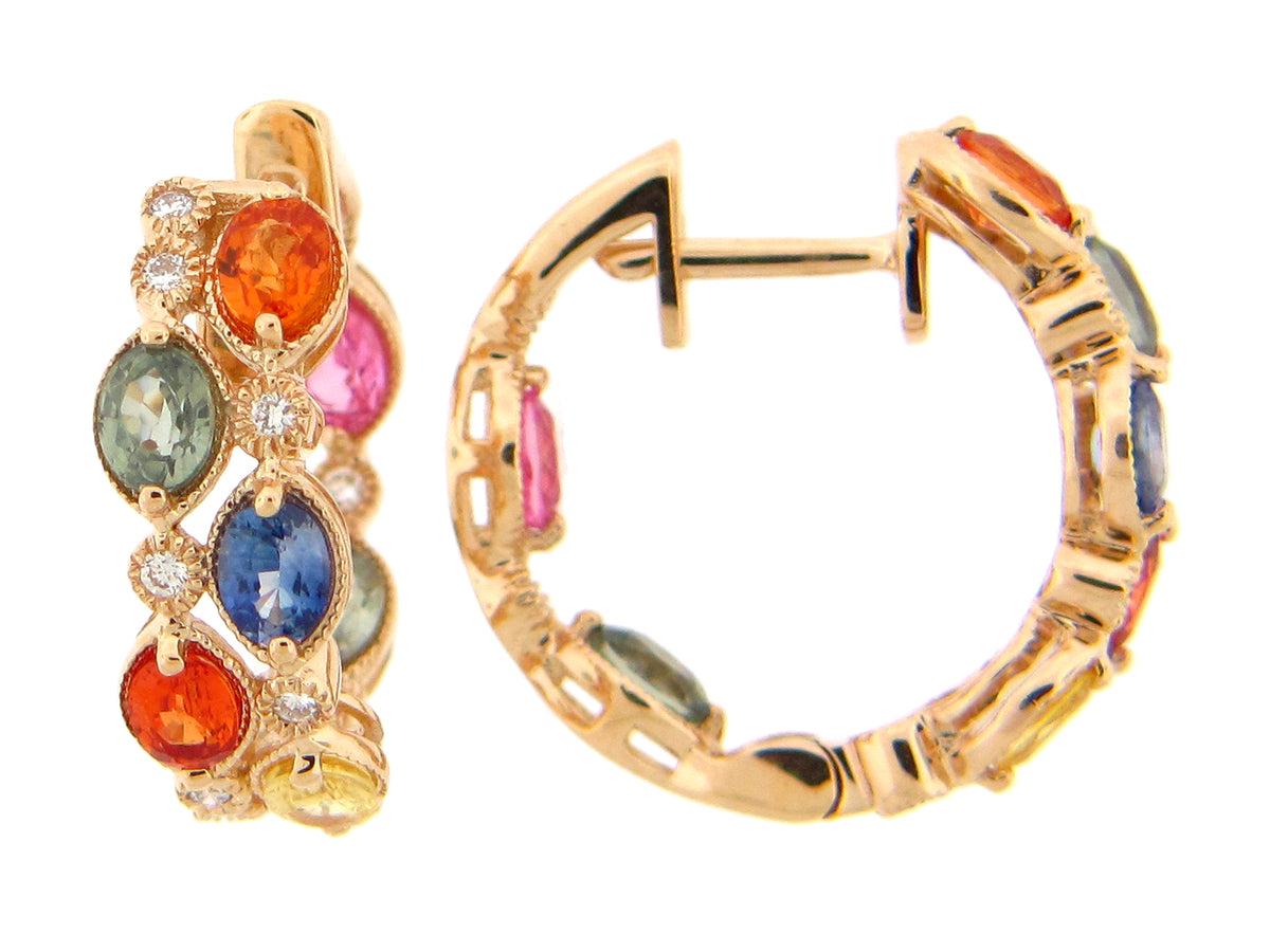 RAINBOW SAPPHIRE & DIAMOND 2 ROW EARRING, 14KY (H/U)