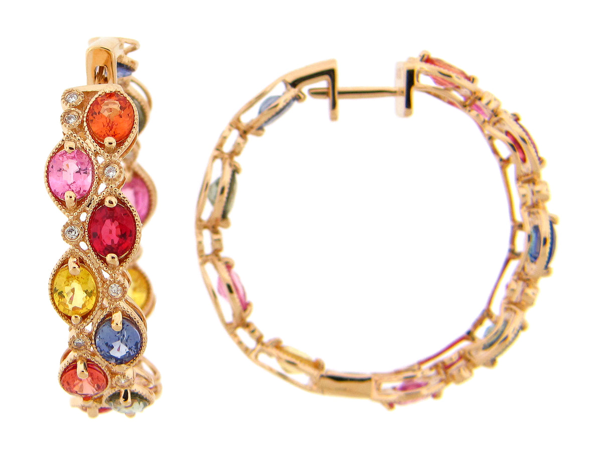 RAINBOW SAPPHIRE & DIAMOND 2 ROW EARRING, 14KY (H/U)