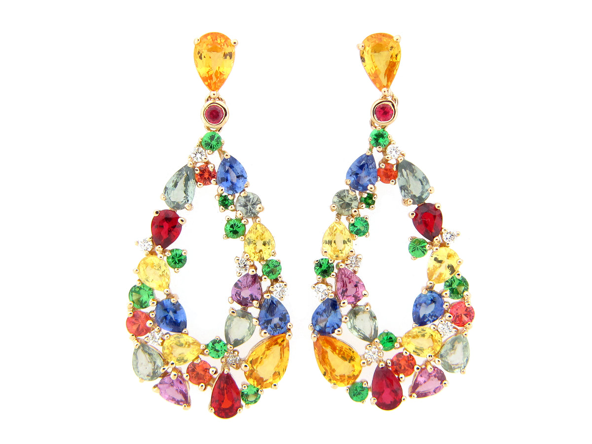 FANCY SAPPHIRE, TSAVORITE, & DIAMOND PEAR CLUSTER DANGLE EARRING, 14KY (HU/N)