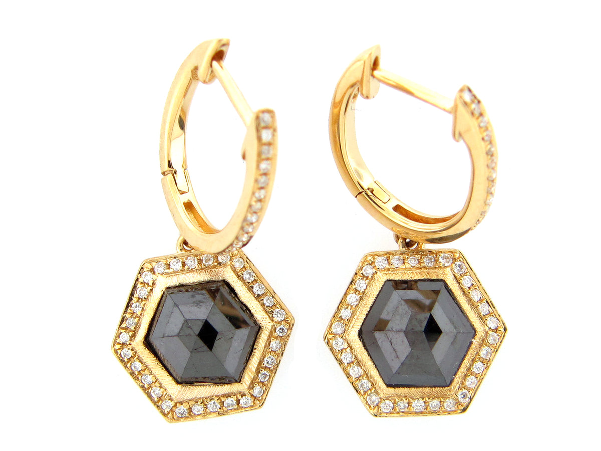 HEXAGON ROSE CUT BLACK & WHITE DIAMOND EARRING, 18KY (R)