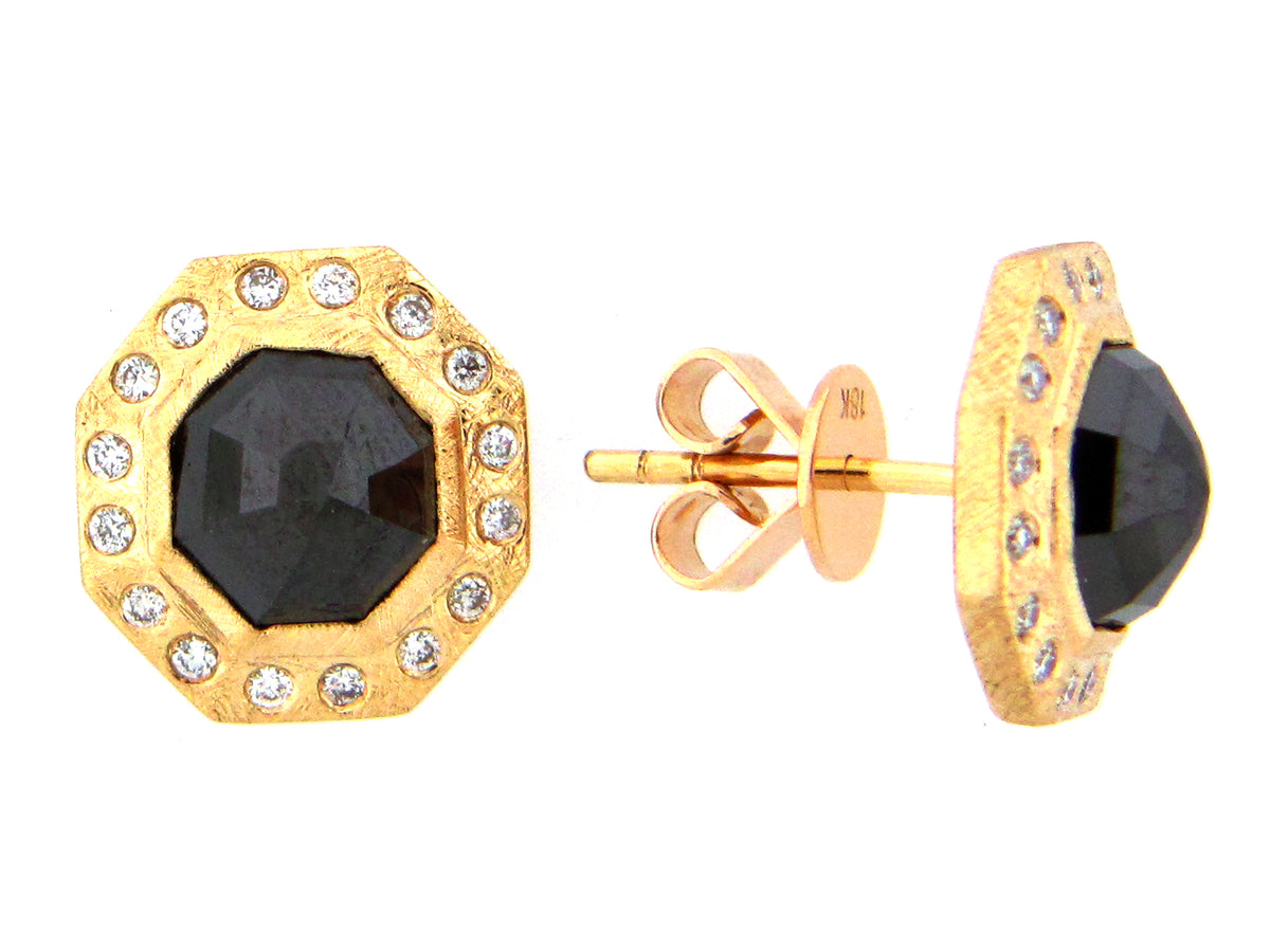 OCTAGON ROSE CUT BLACK AND WHITE DIAMOND EARRING, 18KY (R)