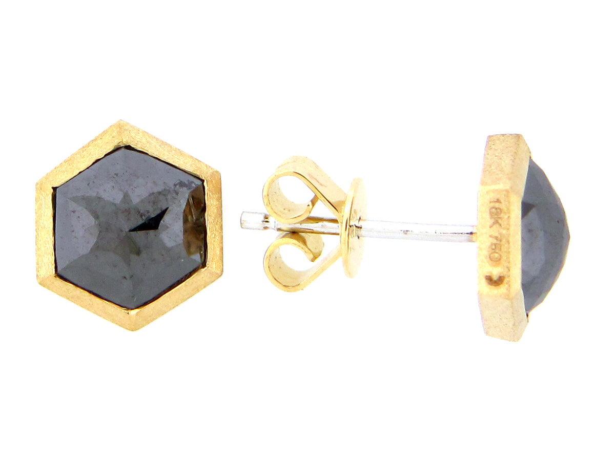 HEXAGON ROSE CUT BLACK DIAMOND EARRING, SATIN FINISH, 18KY (R)