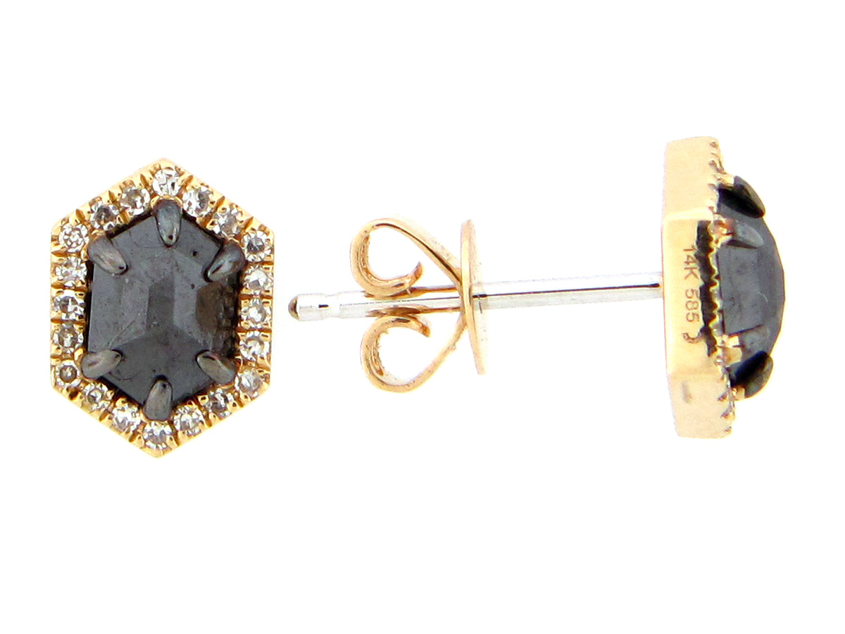 ROSE CUT BLACK & WHITE DIAMOND HEXAGON STUD EARRING