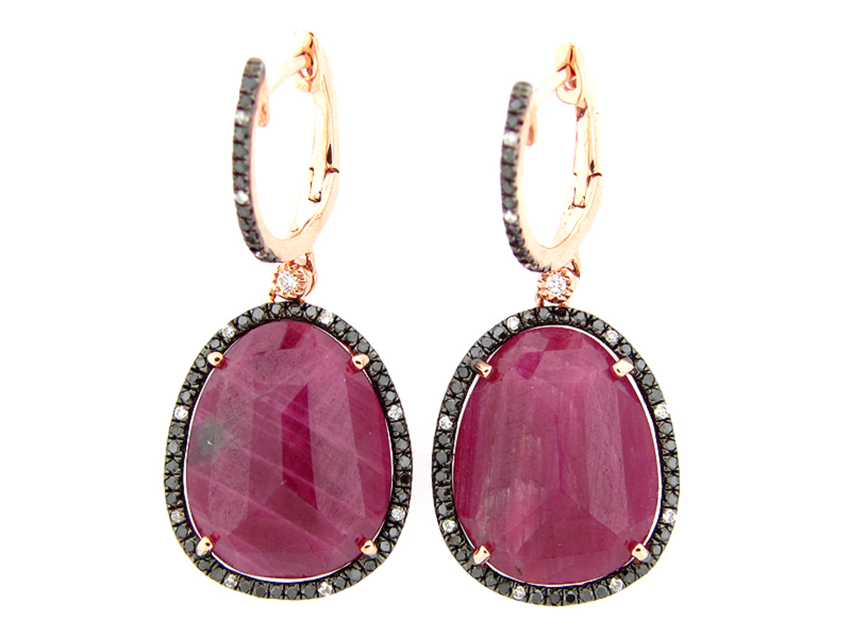 ROSE CUT RUBY, BLACK & WHITE DIAMOND EARRING, 14KR (N/R)