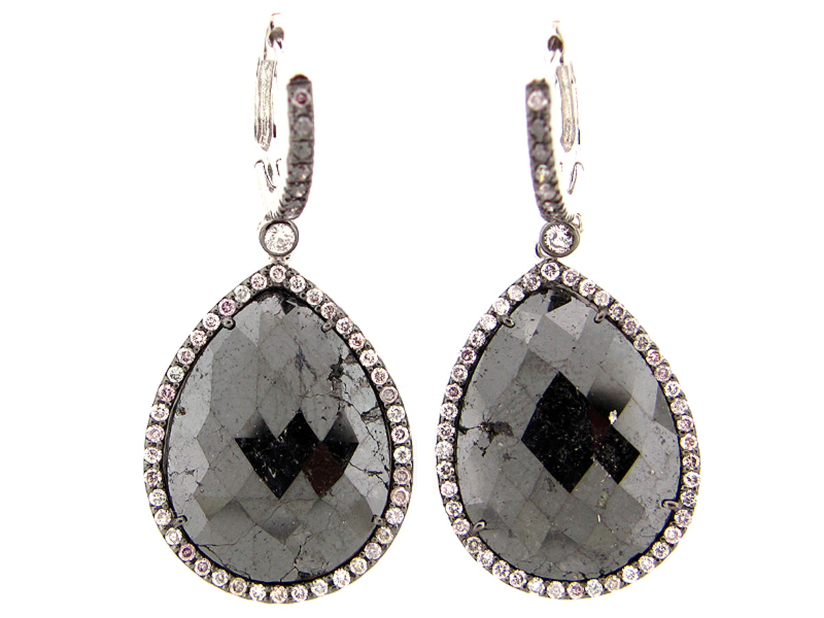 ROSE ROUGH CUT BLACK DIAMOND SLICE EARRING, 18KW (R/N)