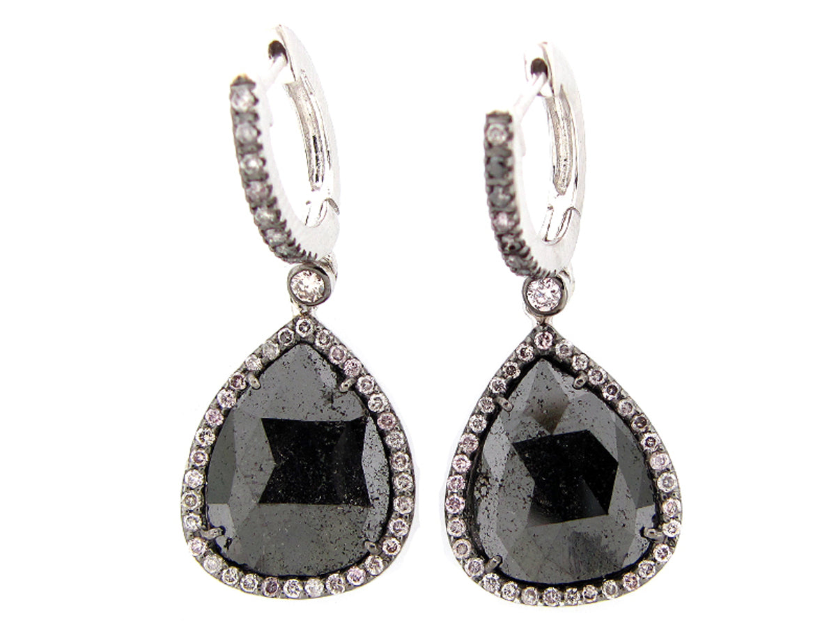 ROSE ROUGH CUT BLACK DIAMOND SLICE EARRING, 18KW (R/N)