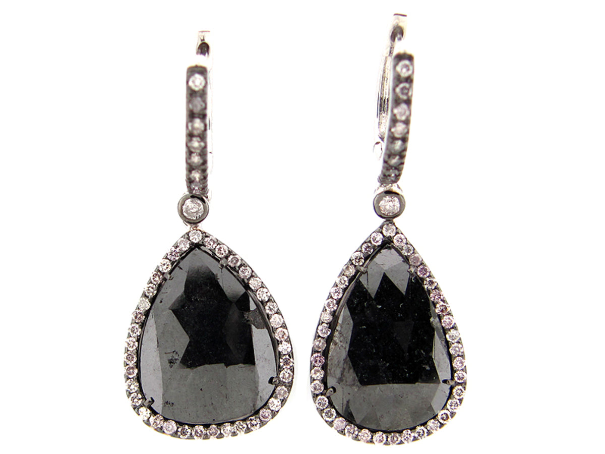 ROSE ROUGH CUT BLACK DIAMOND SLICE EARRING, 18KW (R/N)