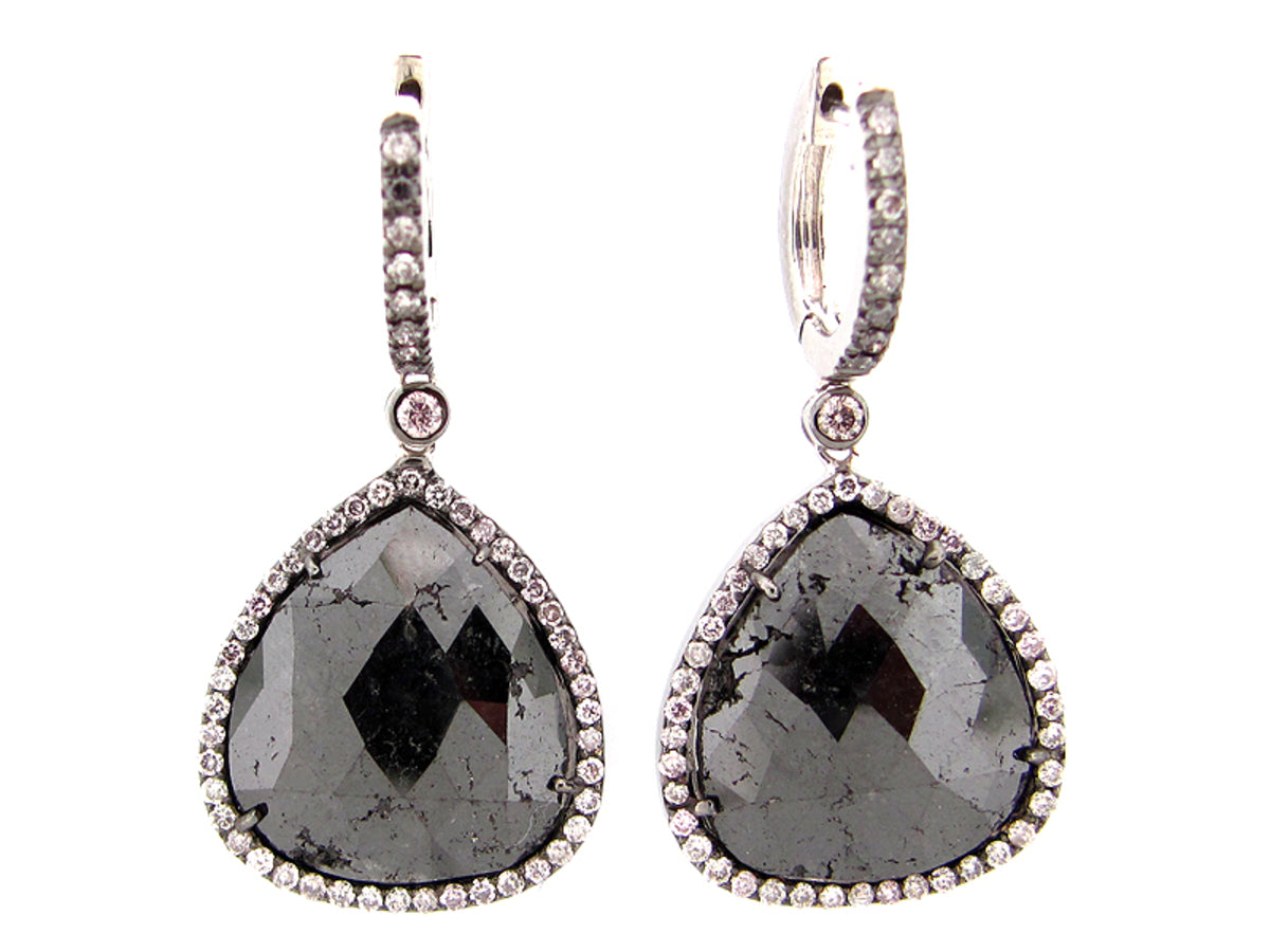 ROSE ROUGH CUT BLACK DIAMOND SLICE EARRING, 18KW (R/N)