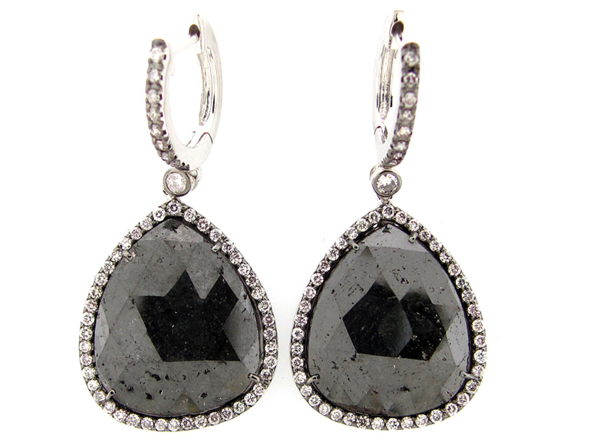 ROSE ROUGH CUT BLACK DIAMOND SLICE EARRING, 18KW (R/N)