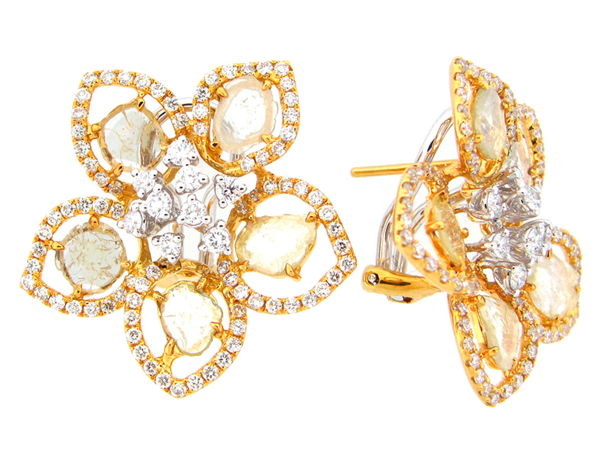 ROSE CUT SLICE YELLOW & WHITE DIAMOND EARRING, 18KY (N), ROSE CUT DIAMOND=1.59