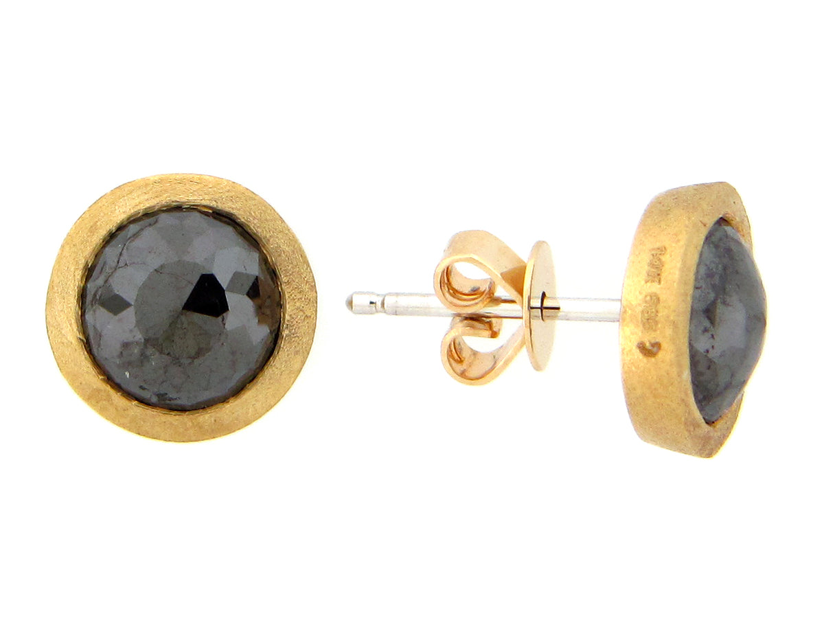 ROSE CUT BLACK DIAMOND BEZEL STUD EARRING, SATIN FINISH, 18KY (R)