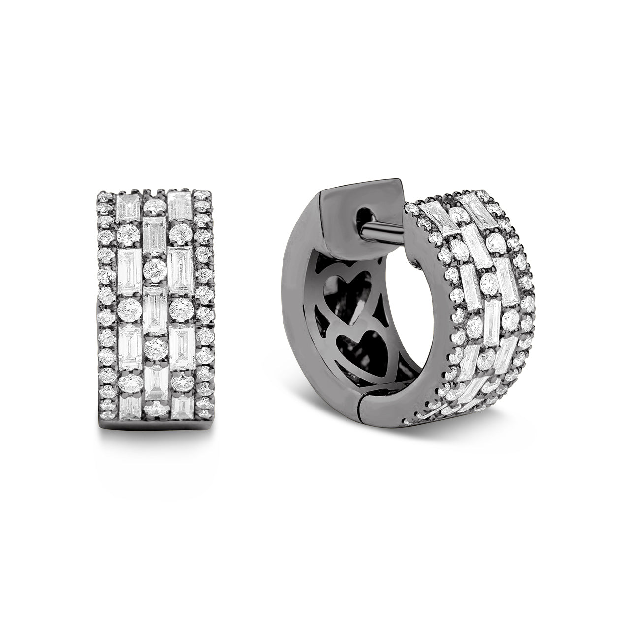 Diamond Alternating Baguette & Round 6.5mm Huggie Earring