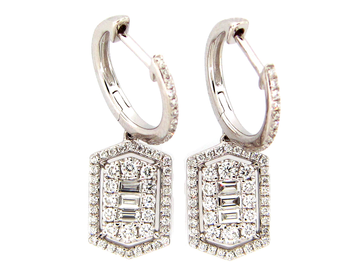 DIAMOND BAGUETTES & ROUNDS HEXAGON DANGLE EARRING, 14KW (N)