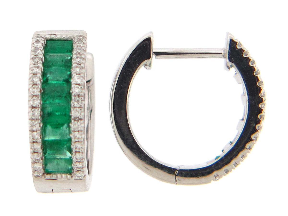 EMERALD BAGUETTE & DIAMOND 13MM EARRING 14KW