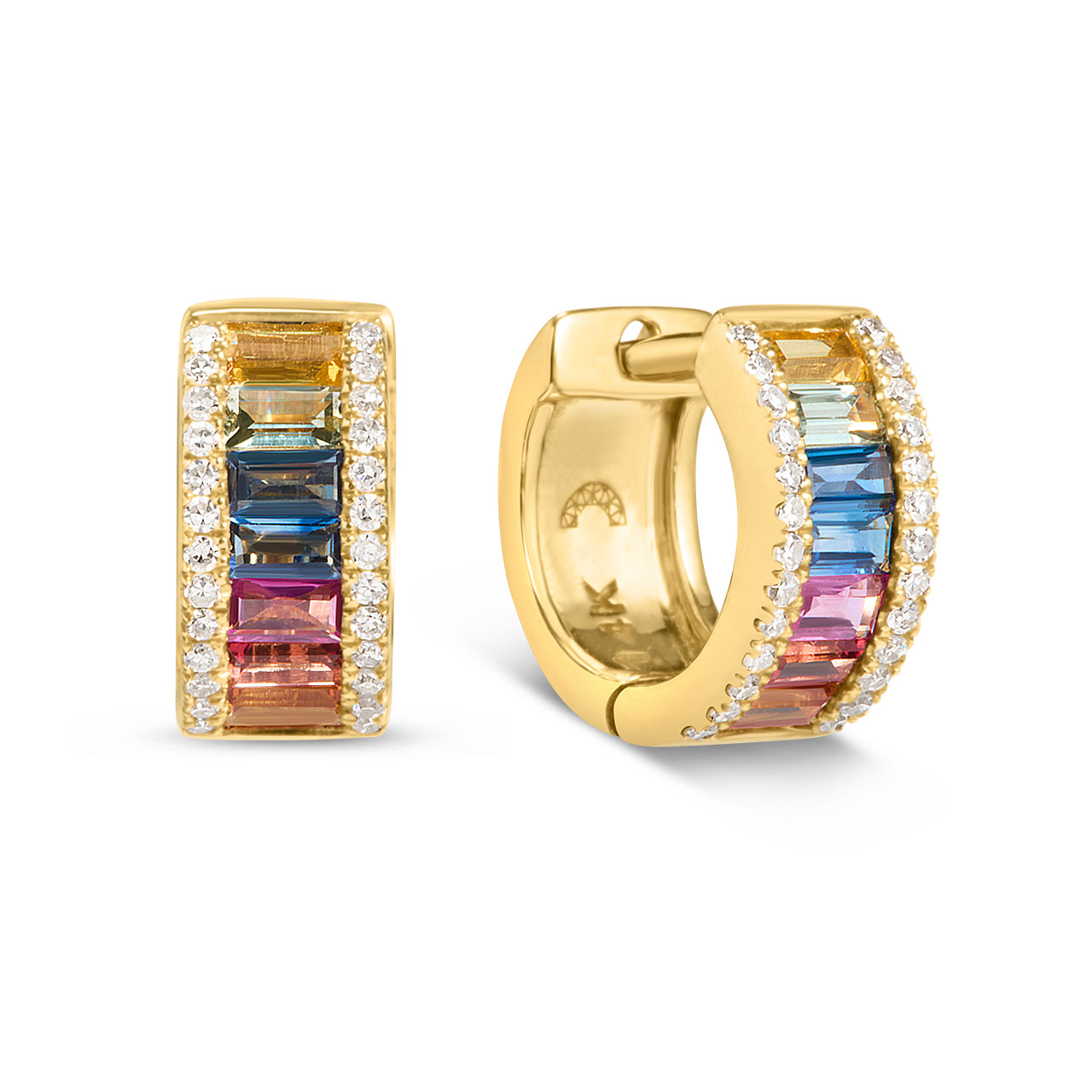 Rainbow Sapphire Baguette & Diamond Huggie Earring