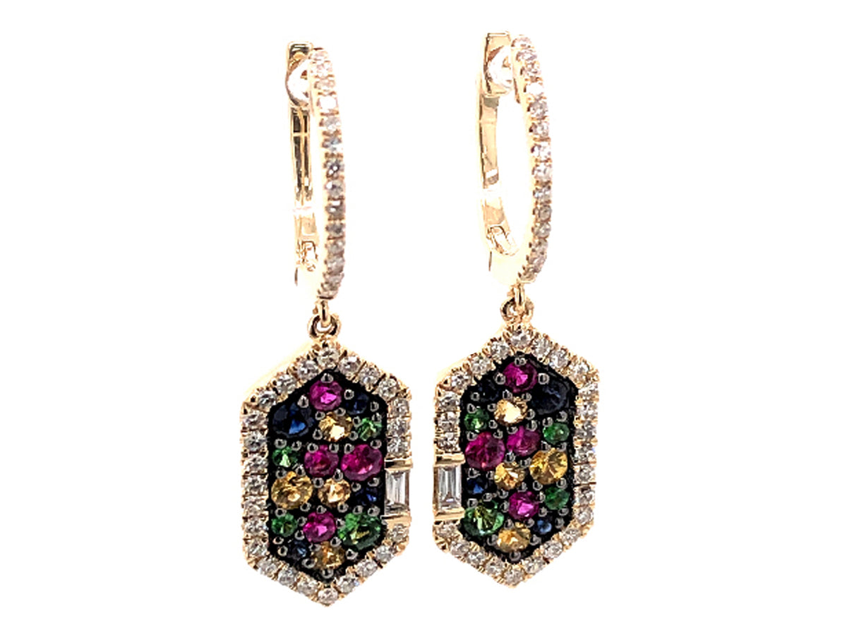 RAINBOW SAPPHIRE, TSAVORITE & DIAMOND HEXAGON DANGLE EARRING, 14KY (H/N)