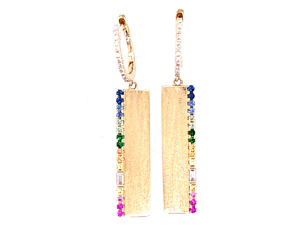 RAINBOW SAPPHIRE & DIAMOND BAR EARRING, 14KY (H/U/N)
