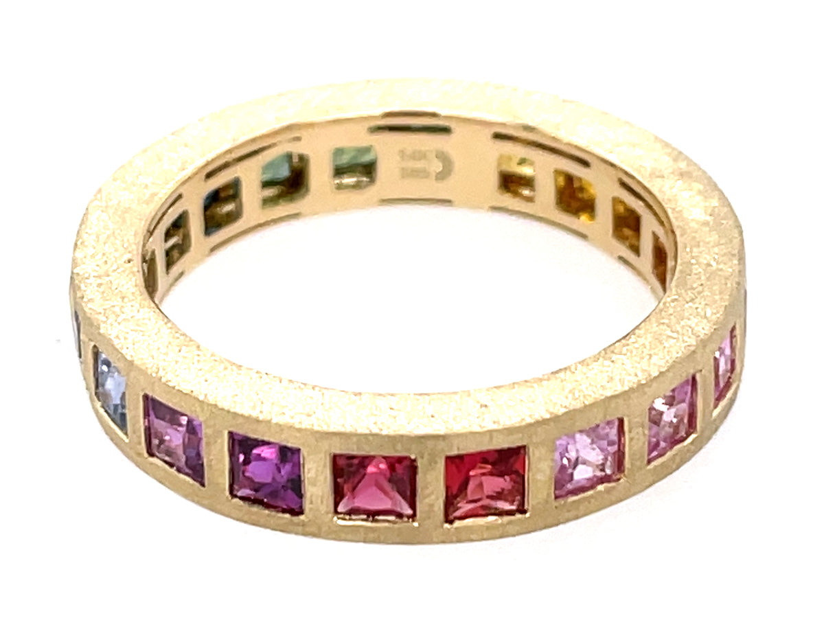 RAINBOW SAPPHIRE PRINCESS 1 ROW FLUSH SET ETERNITY BAND, SATIN FINISH