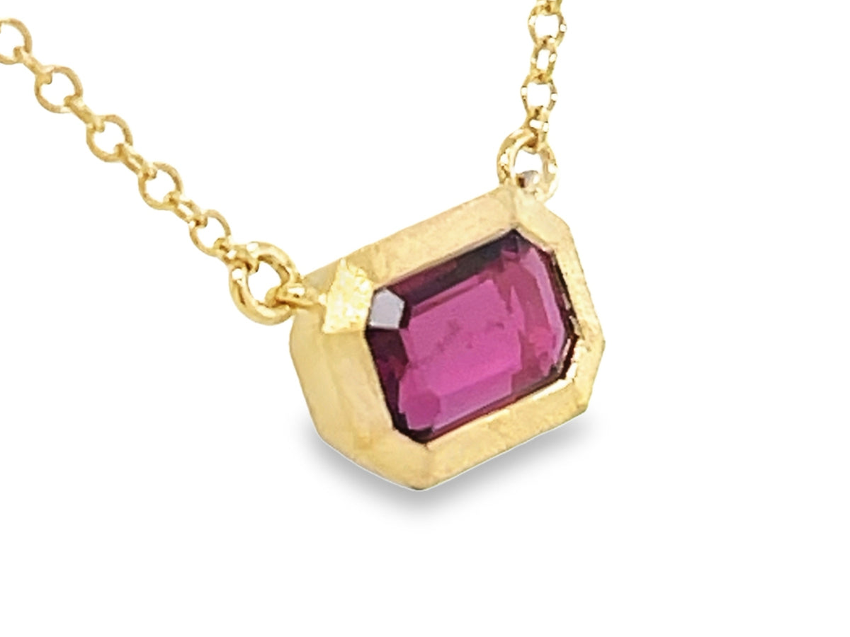 EMERALD CUT RUBY BEZEL PENDANT NECKLACE, 18"/17"/16", SATIN FINISH, 14KY (O)