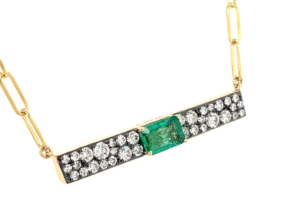 EMERALD CUT EMERALD & DIAMOND PAVE BAR NECKLACE, 29X3MM, BLACK FINISH DIAMOND PRONGS, 18" PAPERCLIP CHAIN, 14KY (O)
