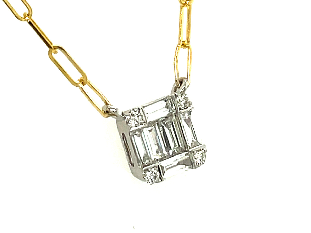 DIAMOND BAGUETTE CLUSTER NECKLACE, 6.8 X 6.8 MM, 18" PAPER CLIP CHAIN