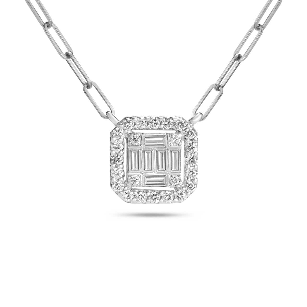 Diamond Emerald Cut Cluster 8.75mm Halo Necklace