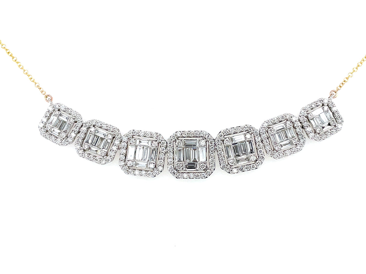 DIAMOND BAGUETTE 7 CLUSTER NECKLACE, 18" BOLO CHAIN