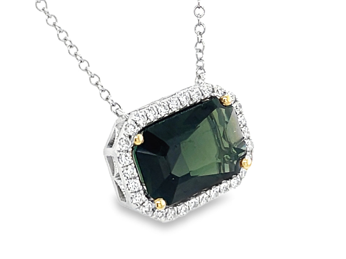GREEN SAPPHIRE E/C & DIAMOND HALO PENDANT NECKLACE, 18"/17"/16"
