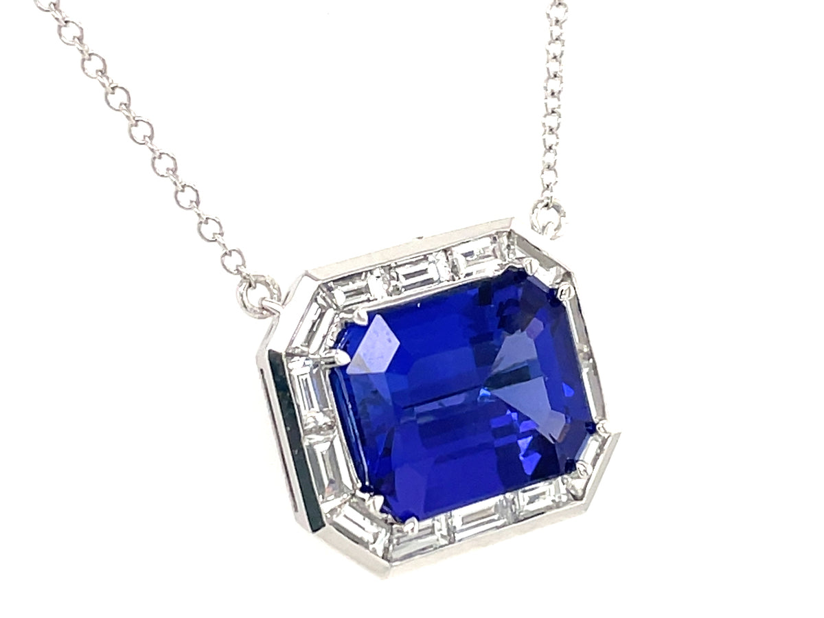 TANZANITE EMERALD CUT CENTER & DIAMOND HALO NECKLACE