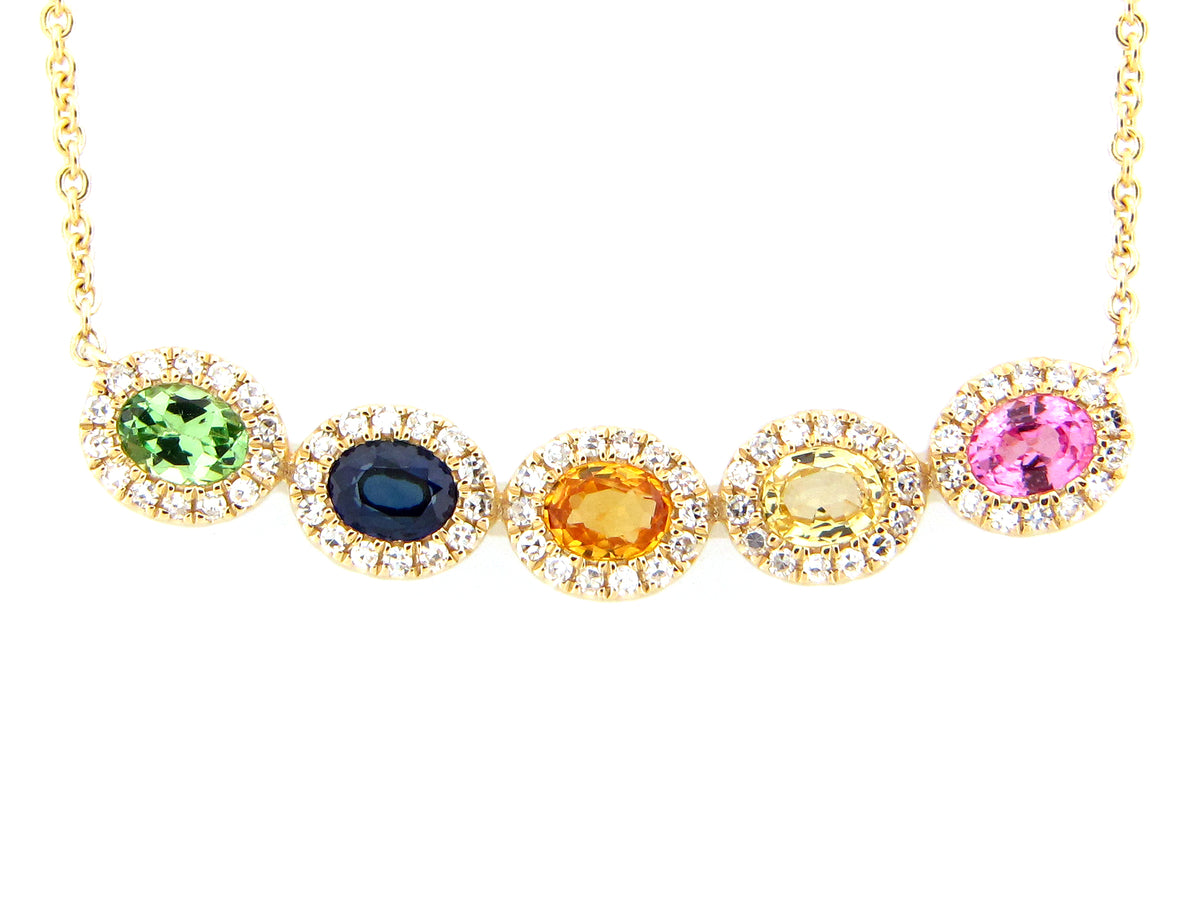 RAINBOW SAPPH, TSAV & DIA CURVE BAR PENDANT NECKLACE, 18"/16" BOLO CHAIN, 14KY(H/U/N)