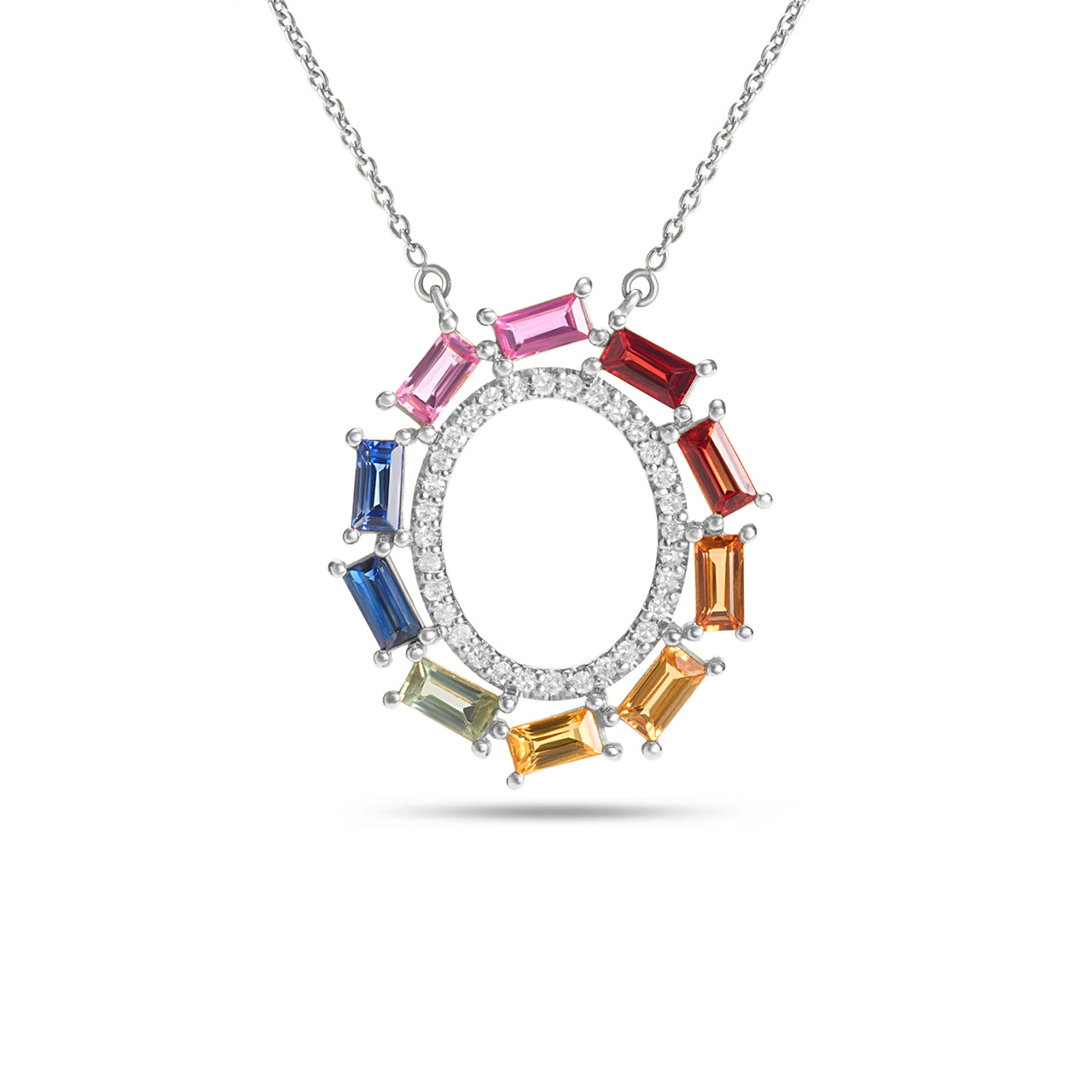 Rainbow Sapphire & Diamond Baguette Oval Necklace
