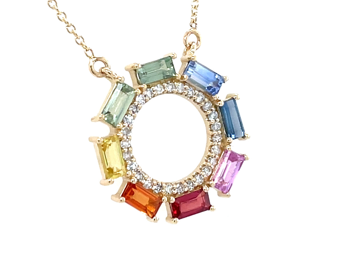 RAINBOW SAPPHIRE BAGUETTE & DIAMOND CIRCLE PENDANT NECKLACE, 18"/17'/16"