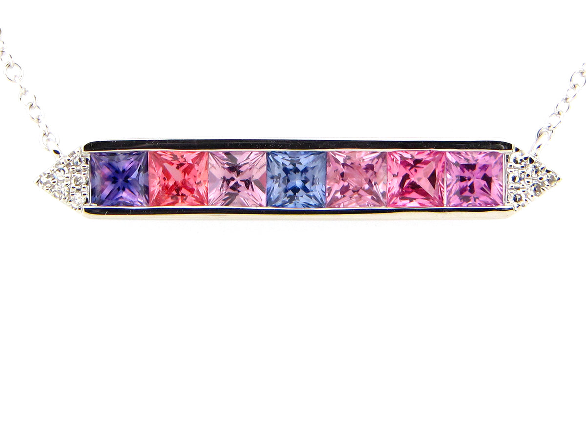 FANCY COLOR SAPPHIRE & DIAMOND PENDANT NECKLACE, 18"/17"16", 14KW (H/U)