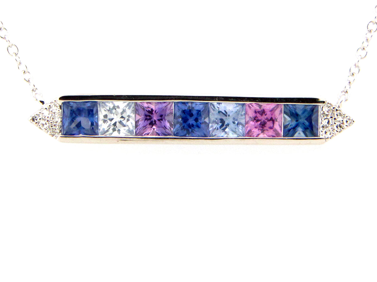 FANCY COLOR SAPPHIRE & DIAMOND PENDANT NECKLACE, 18"/17"/16", 14KW (H/U)