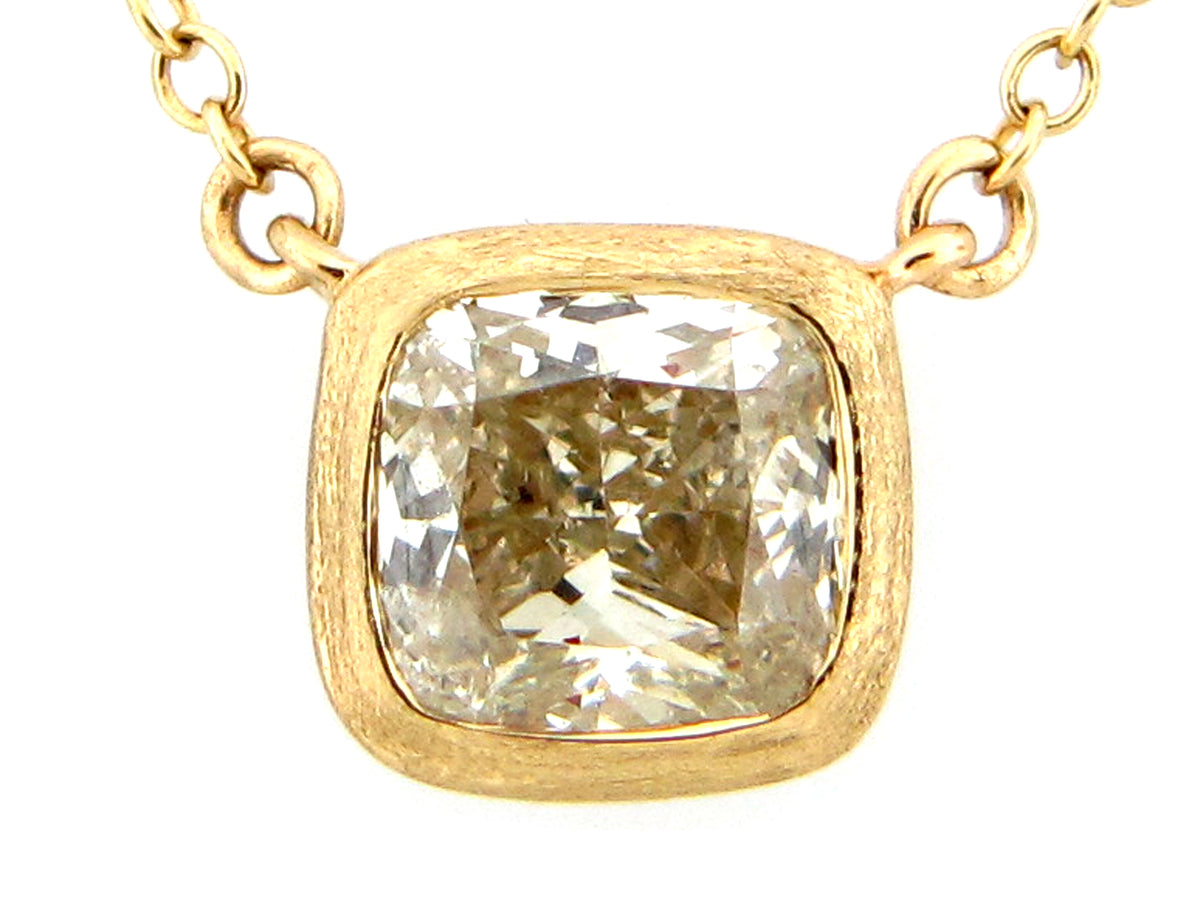 FANCY LIGHT YELLOW CUSHION DIAMOND PENDANT NECKLACE, 18"/17"/16", 14KY (N)